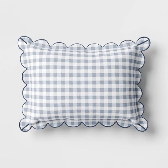 14x20 Gingham Scalloped Edge Outdoor Lumbar Pillow Blue
